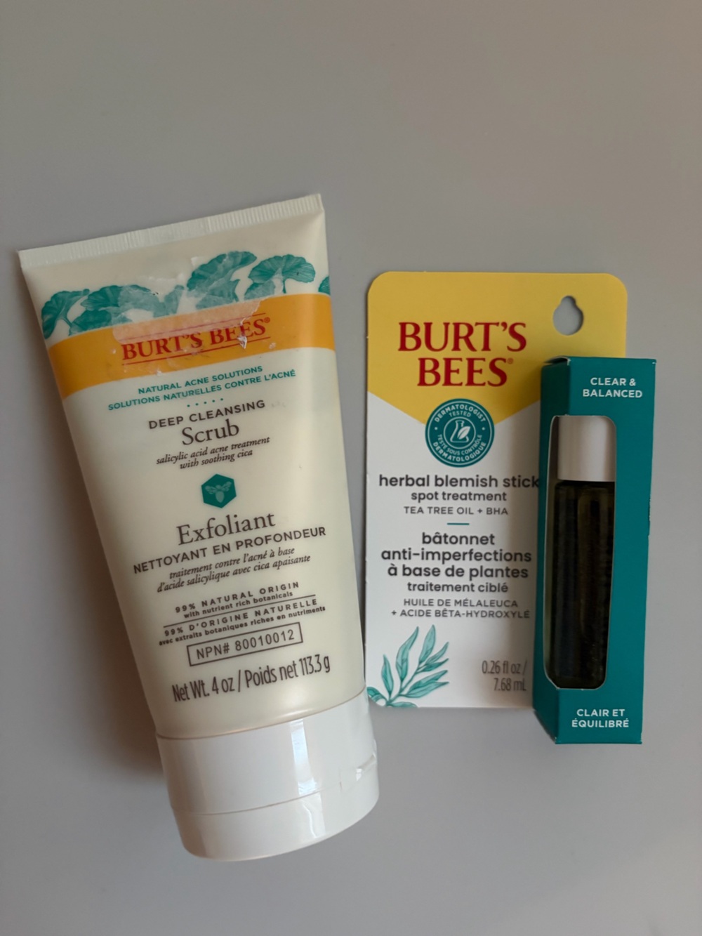 Burt's Bees Acne Solutions Deep Cleansing Scrub(Exp 9/26) & Herbal Blemish Stick
